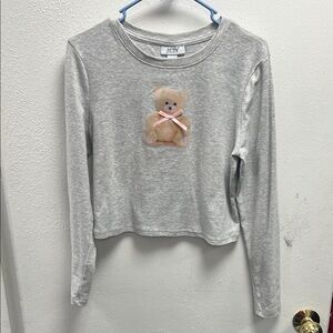 Gray Long Sleeve Tee with Teddy Bear Graphic